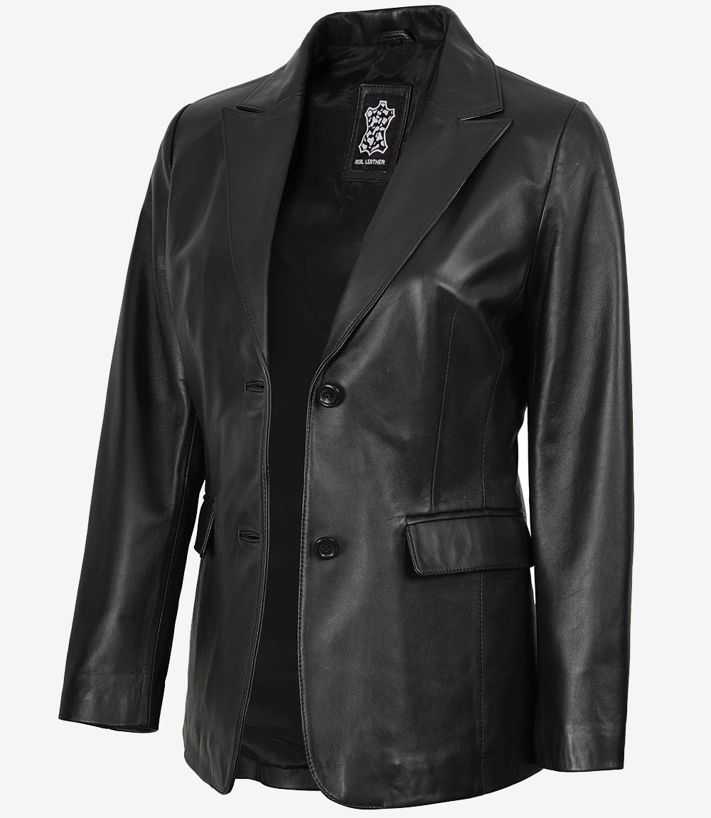 Women's Two Button Black Real Leather Blazer