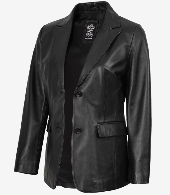 Women's Two Button Black Real Leather Blazer