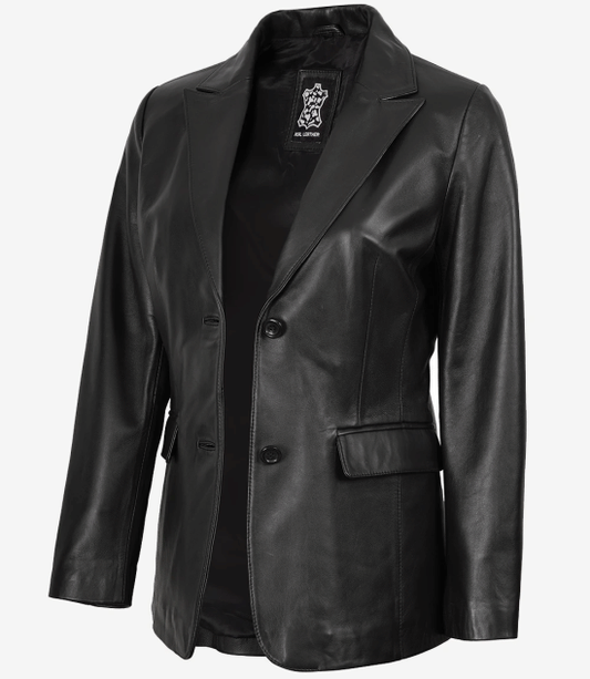 Women's Two Button Black Real Leather Blazer