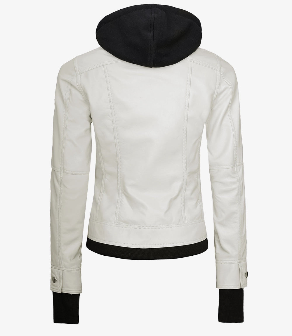Women's Bomber Off White Leather Jacket with Removable Hood