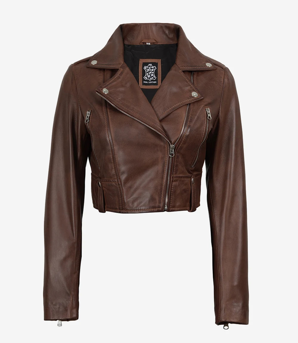 Women's Cropped Cognac Wax Moto Leather Jacket
