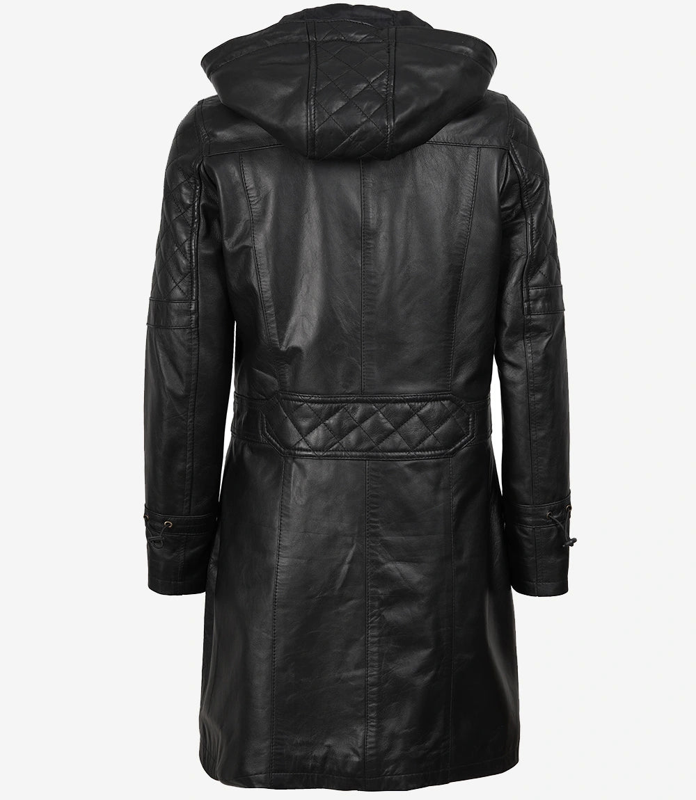 Women's Black 3 4 Length Leather Coat with Removable Hood
