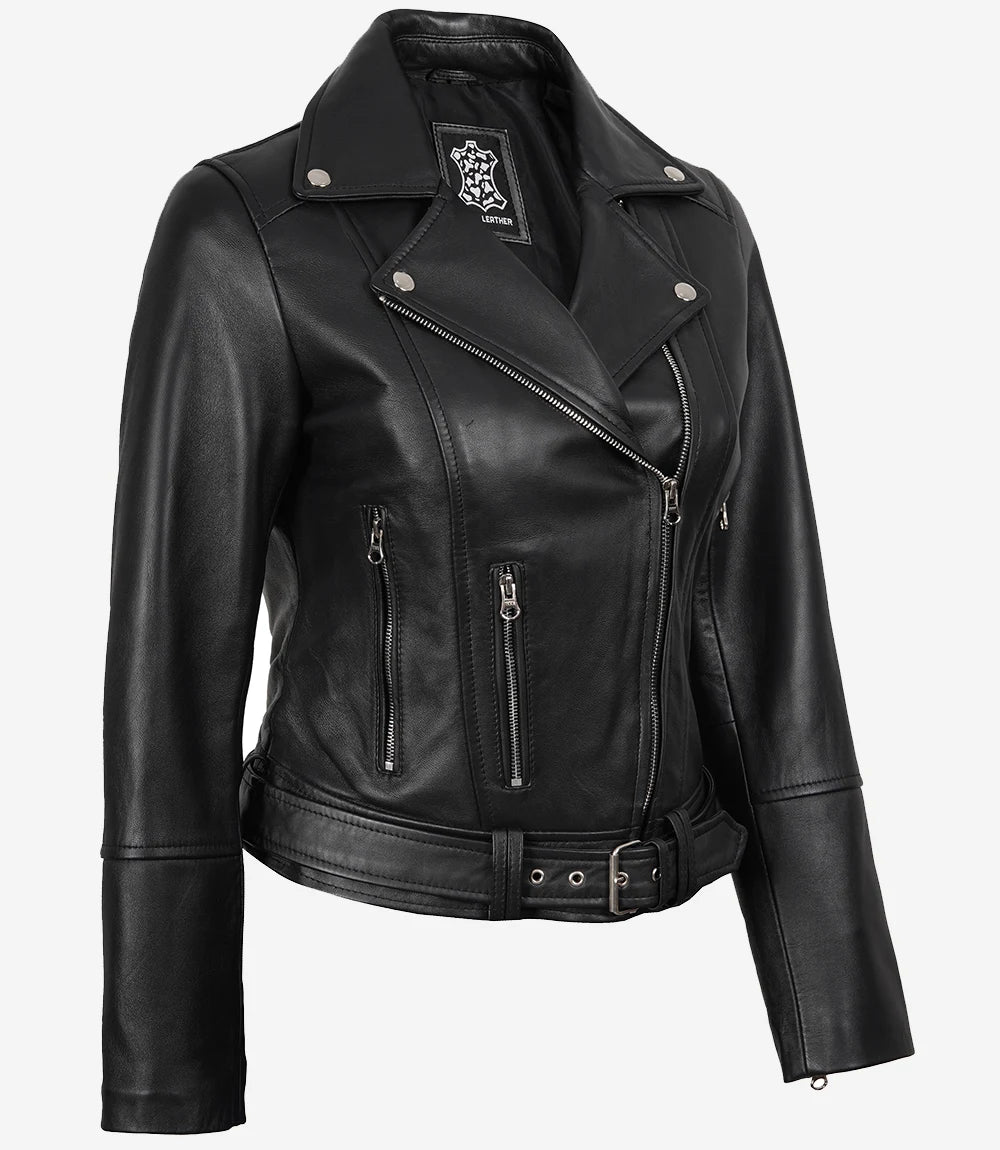 Women's Black Leather Asymmetrical Biker Jacket