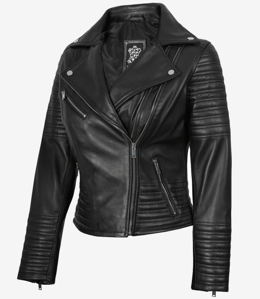 Women's Black Asymmetrical Biker Leather Jacket