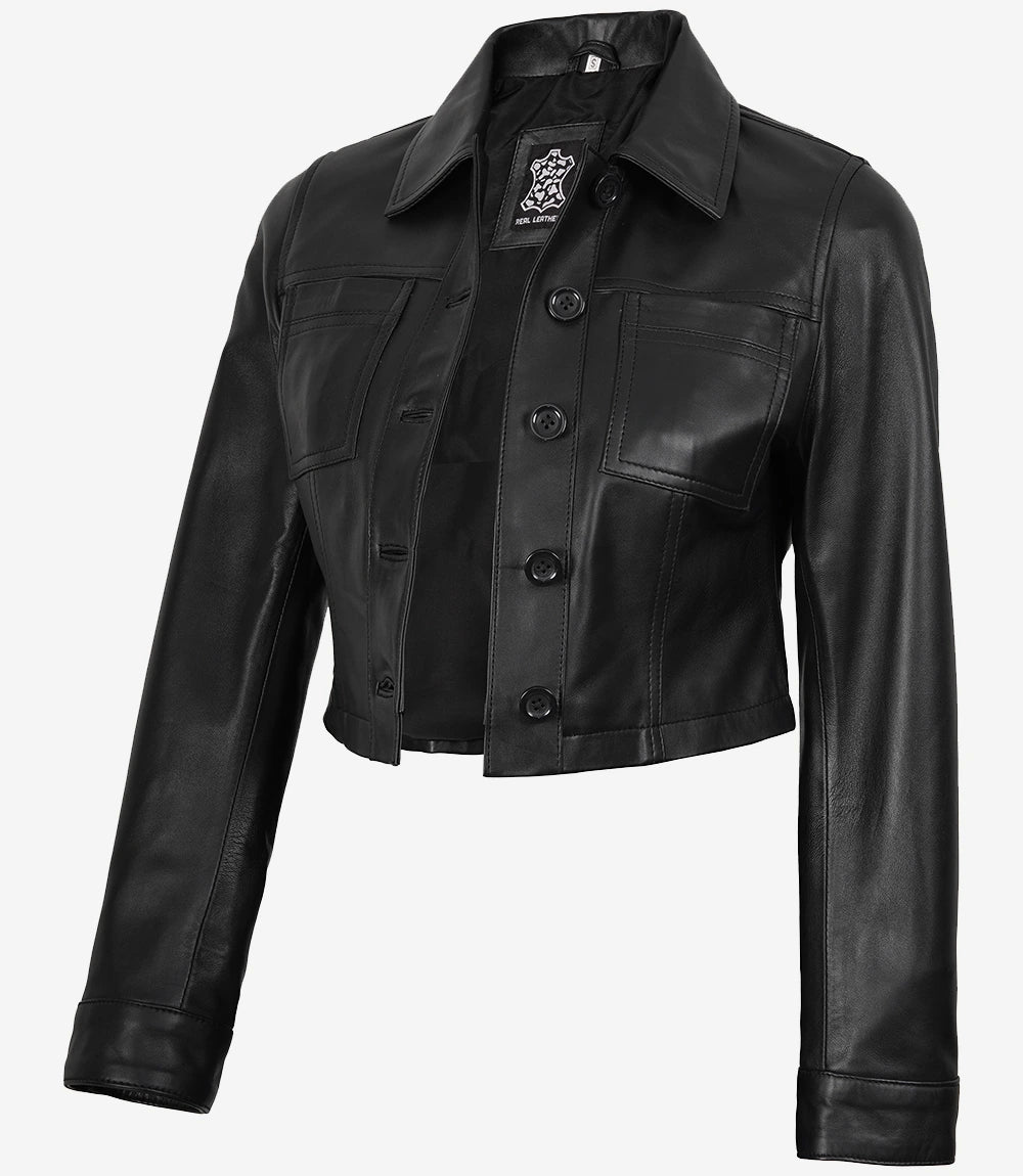 Mable Women's Black Cropped Harrington Leather Jacket