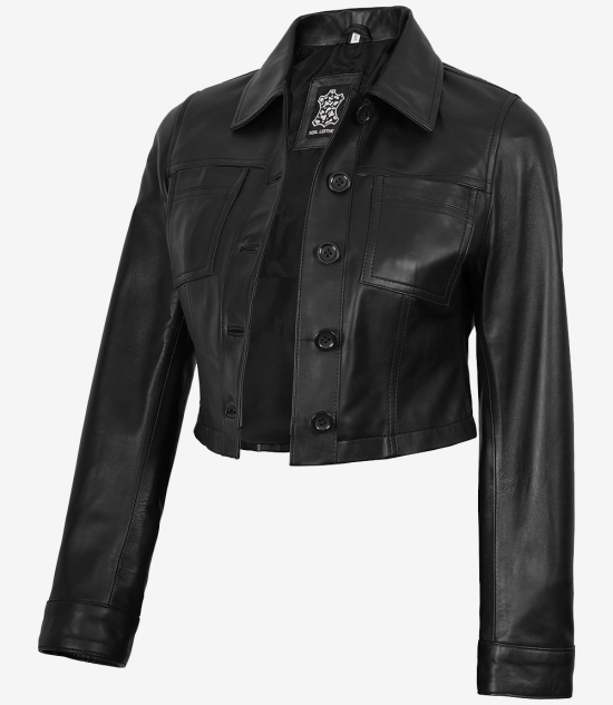 Mable Women's Black Cropped Harrington Leather Jacket
