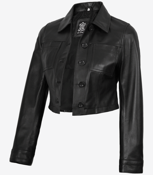 Mable Women's Black Cropped Harrington Leather Jacket