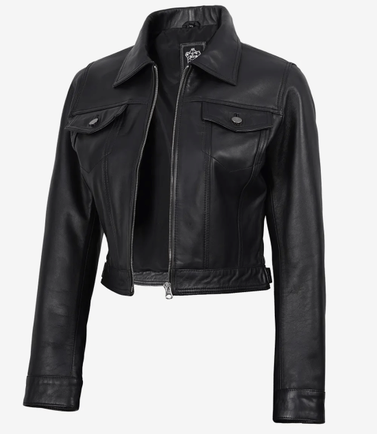 Women's Black Lambskin Leather Cropped Harrington Jacket