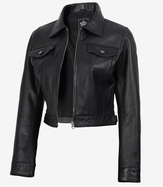 Women's Black Lambskin Leather Cropped Harrington Jacket