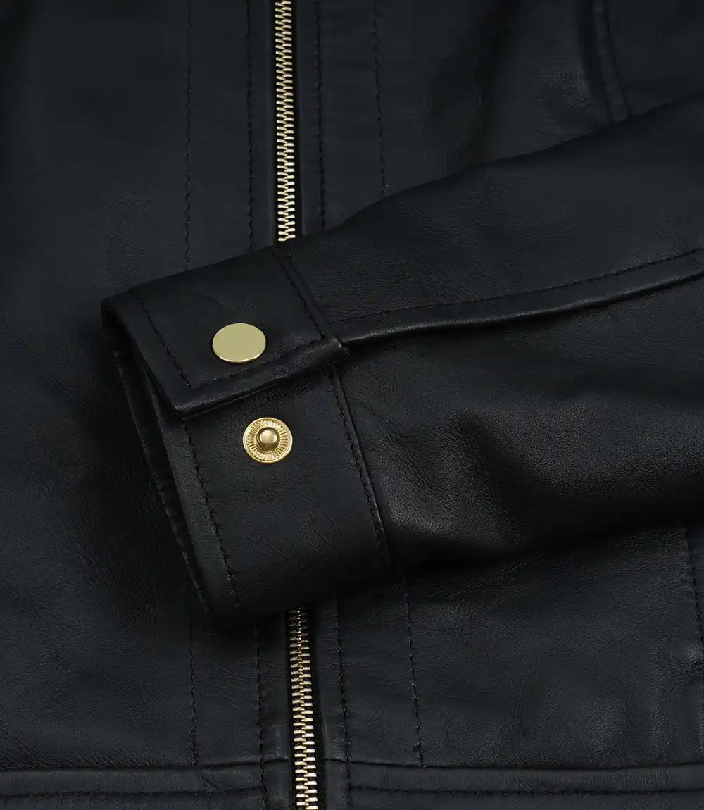 Women's Black Harrington Leather Jacket – Golden Accents
