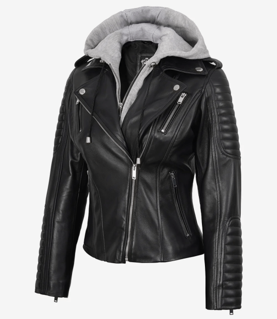 Women Black Biker Real Leather Jacket — Removable Hood