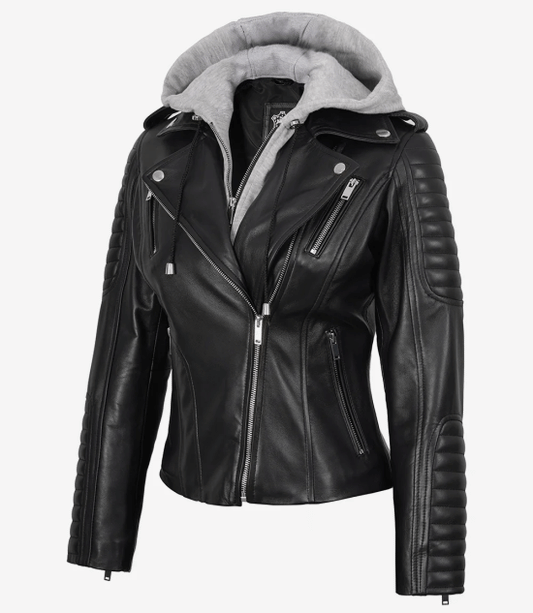 Women Black Biker Real Leather Jacket — Removable Hood