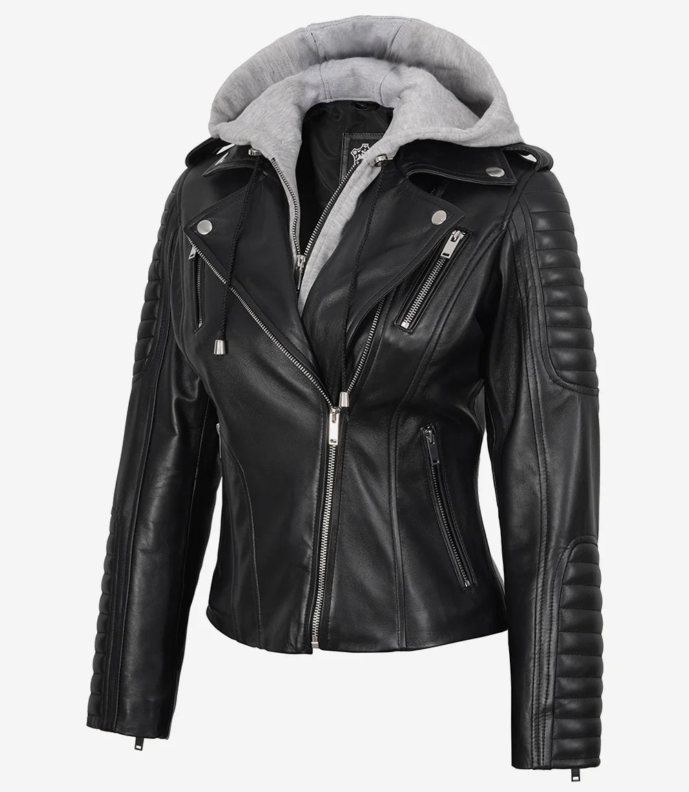 Women Black Biker Real Leather Jacket — Removable Hood
