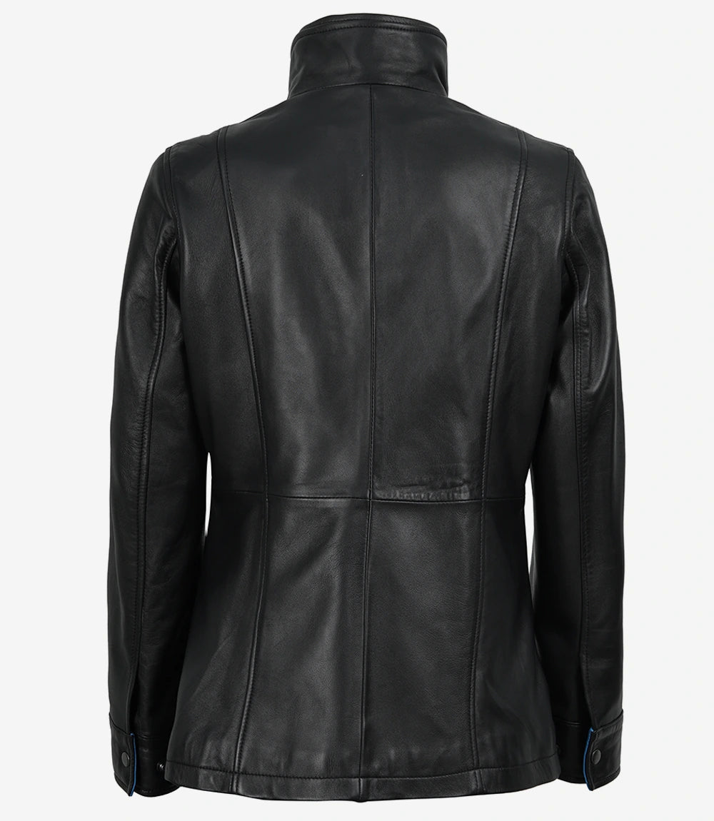 Women's Black Leather Jacket with Blue Inner Lapel