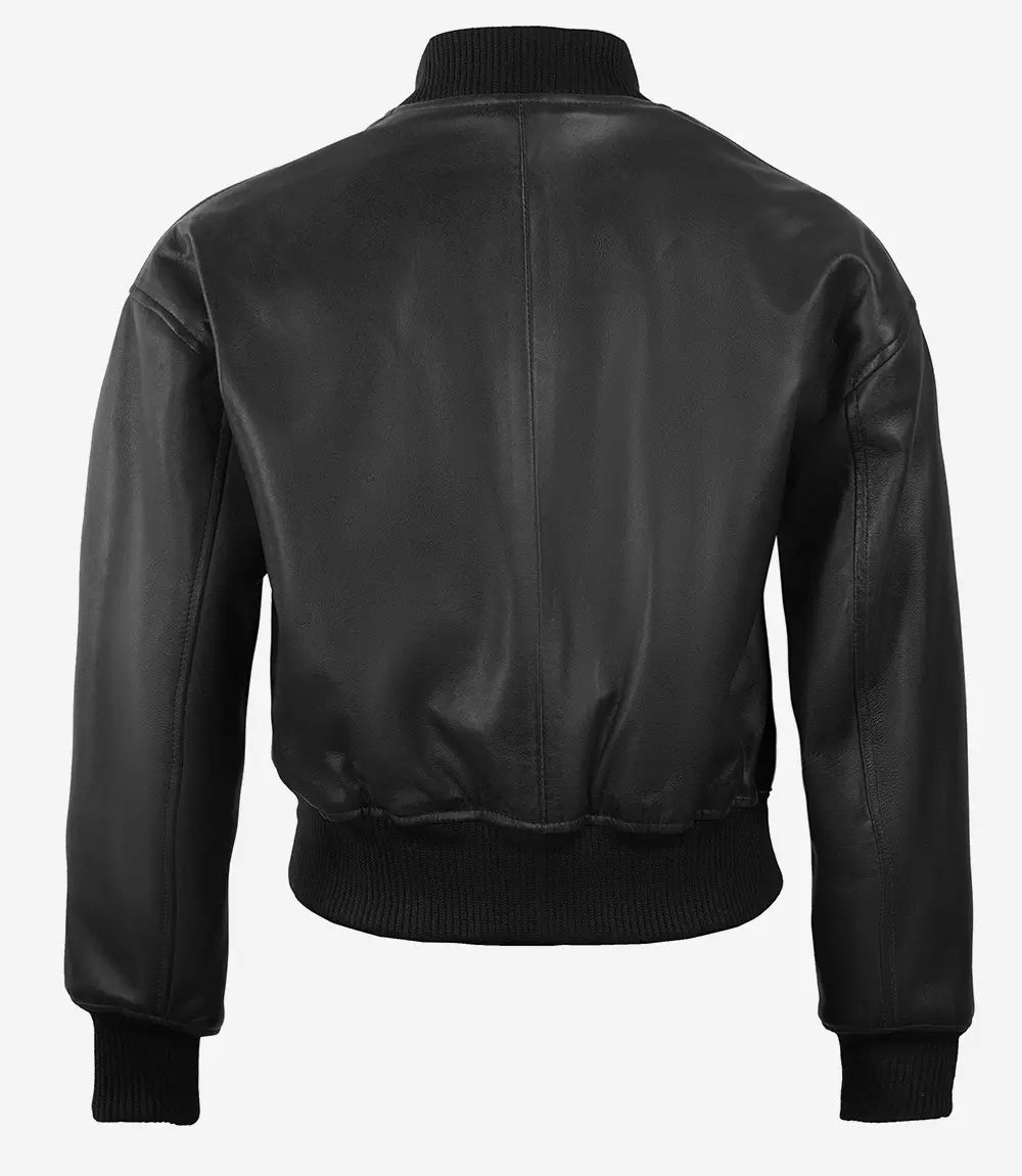 Women's Black Cropped Leather Bomber Jacket — Drop Shoulders