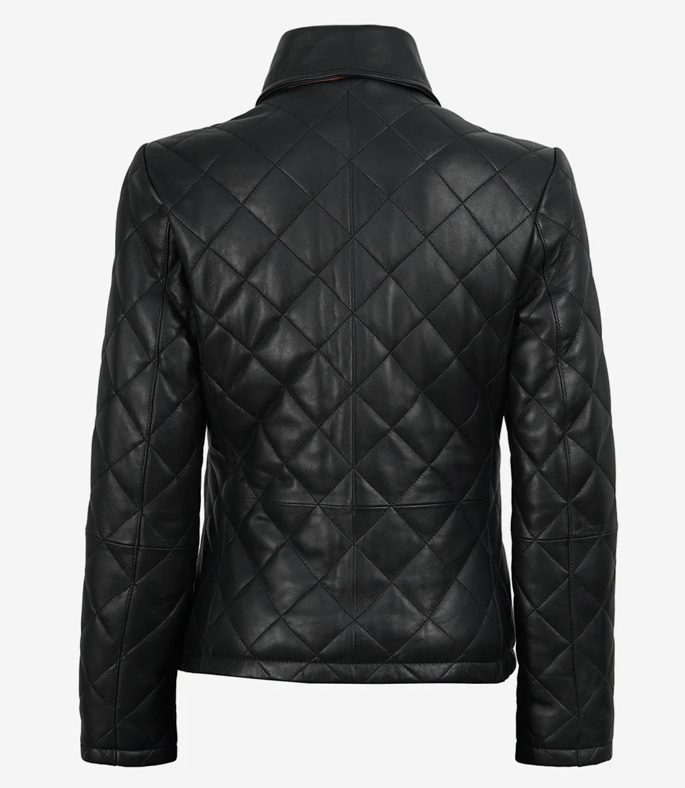 Women's Black Diamond Quilted Leather Jacket with Brown Trim