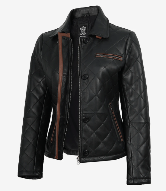 Women's Black Diamond Quilted Leather Jacket with Brown Trim