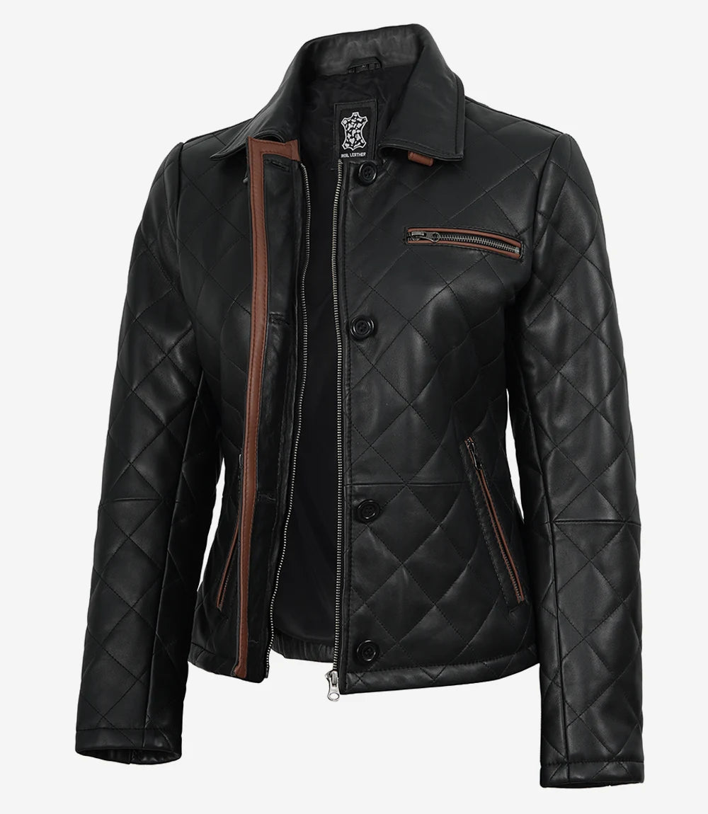 Women's Black Diamond Quilted Leather Jacket with Brown Trim
