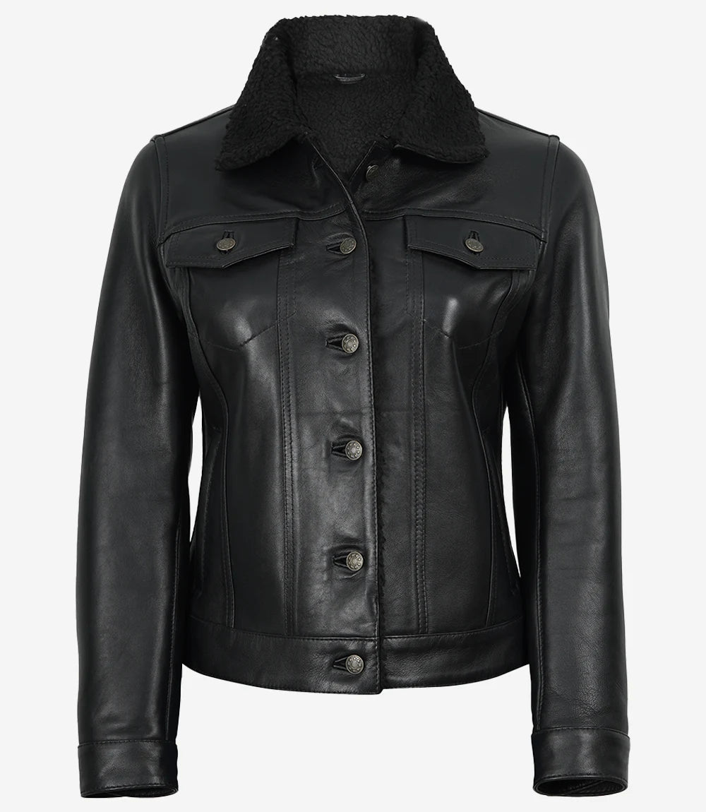 Women's Black Real Leather Trucker Jacket with Faux Sherpa Lining