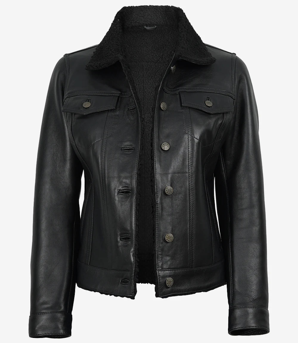 Women's Black Real Leather Trucker Jacket with Faux Sherpa Lining
