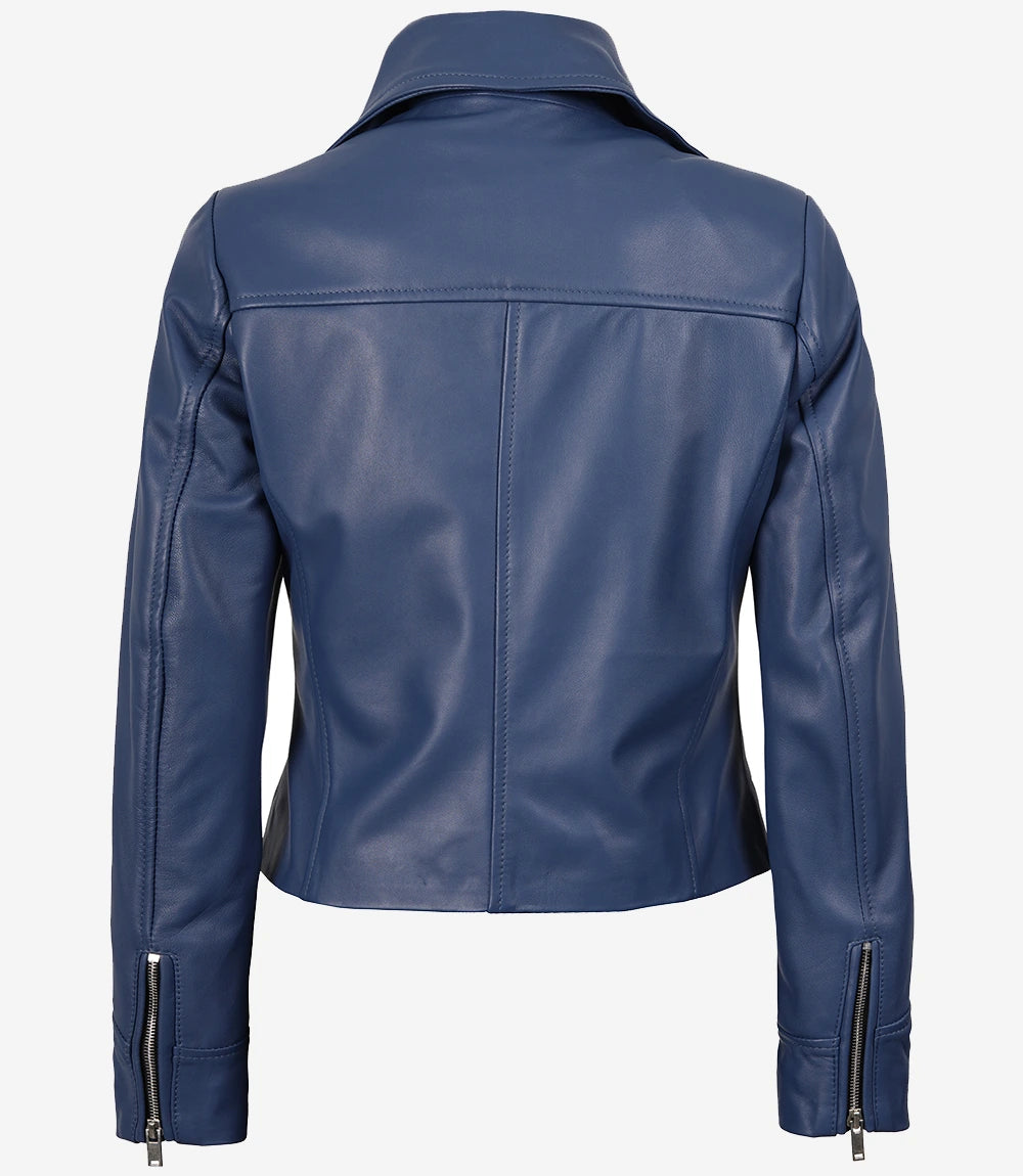 Women Biker Blue Real Leather Jacket