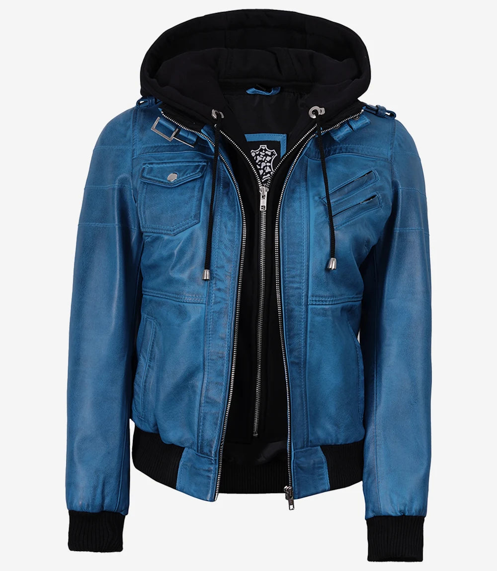Women's Bomber Blue Wax Leather Jacket with Removable Hood