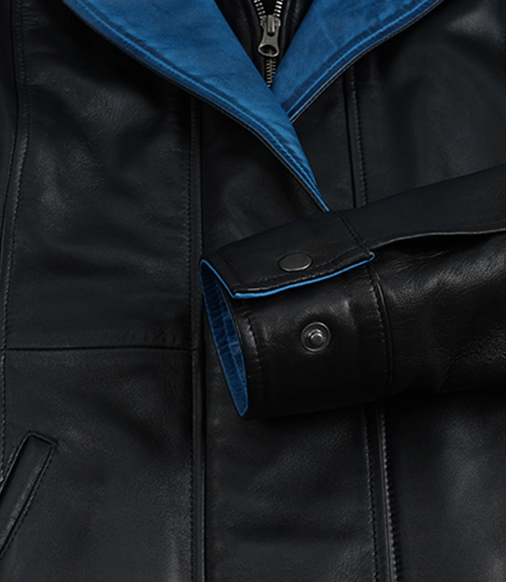 Women's Black Leather Jacket with Blue Inner Lapel