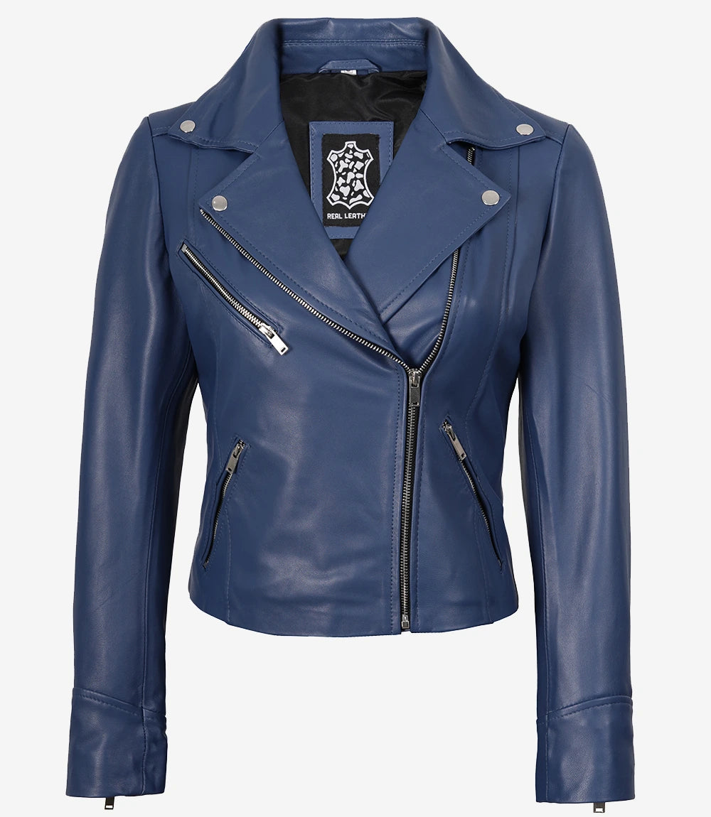 Women Biker Blue Real Leather Jacket