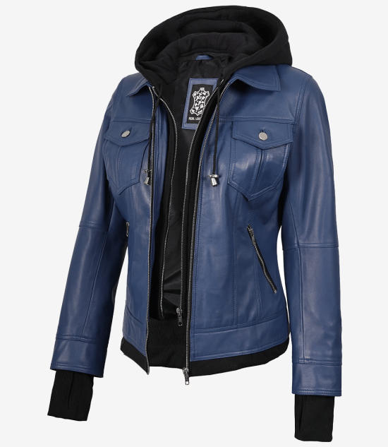 Women's Blue Real Leather Bomber Jacket with Removable Hood
