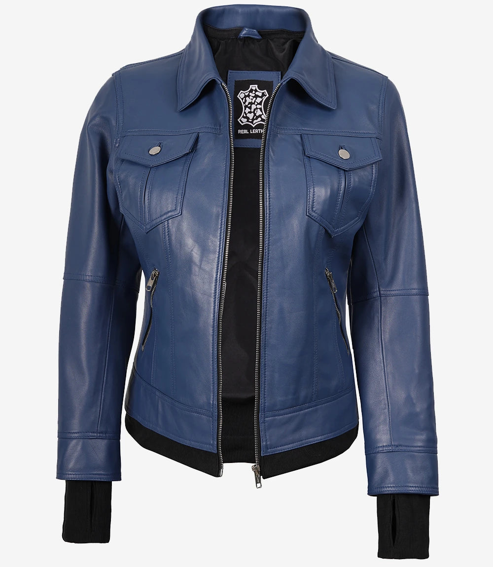 Women's Blue Real Leather Bomber Jacket with Removable Hood