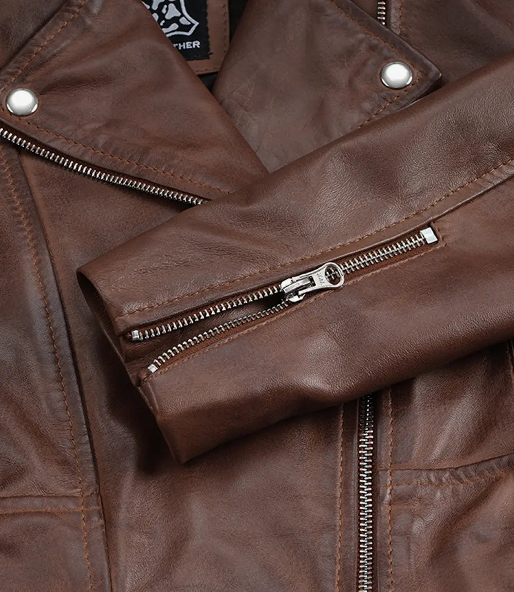 Women's Cropped Cognac Wax Moto Leather Jacket