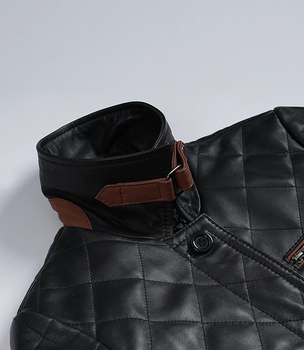 Women's Black Diamond Quilted Leather Jacket with Brown Trim