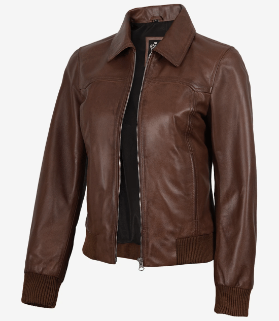 Women's Harrington Cognac Wax Leather Bomber Jacket