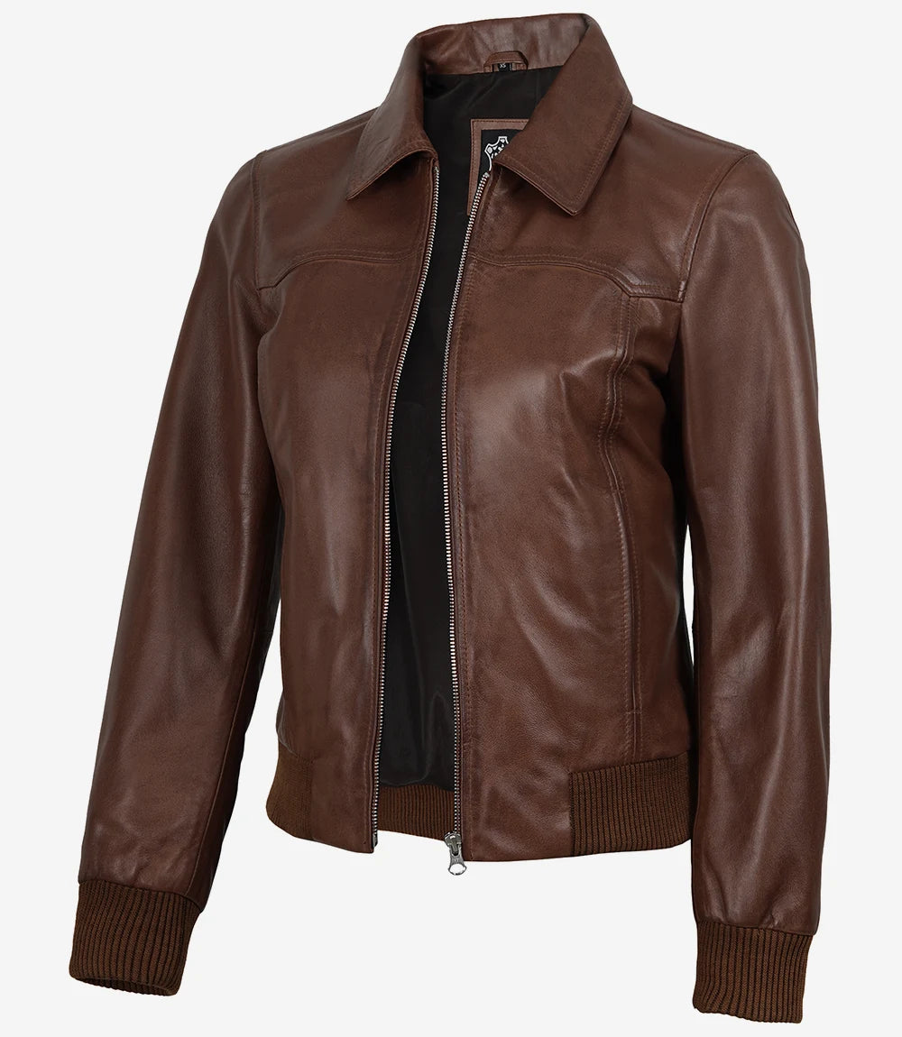 Women's Harrington Cognac Wax Leather Bomber Jacket