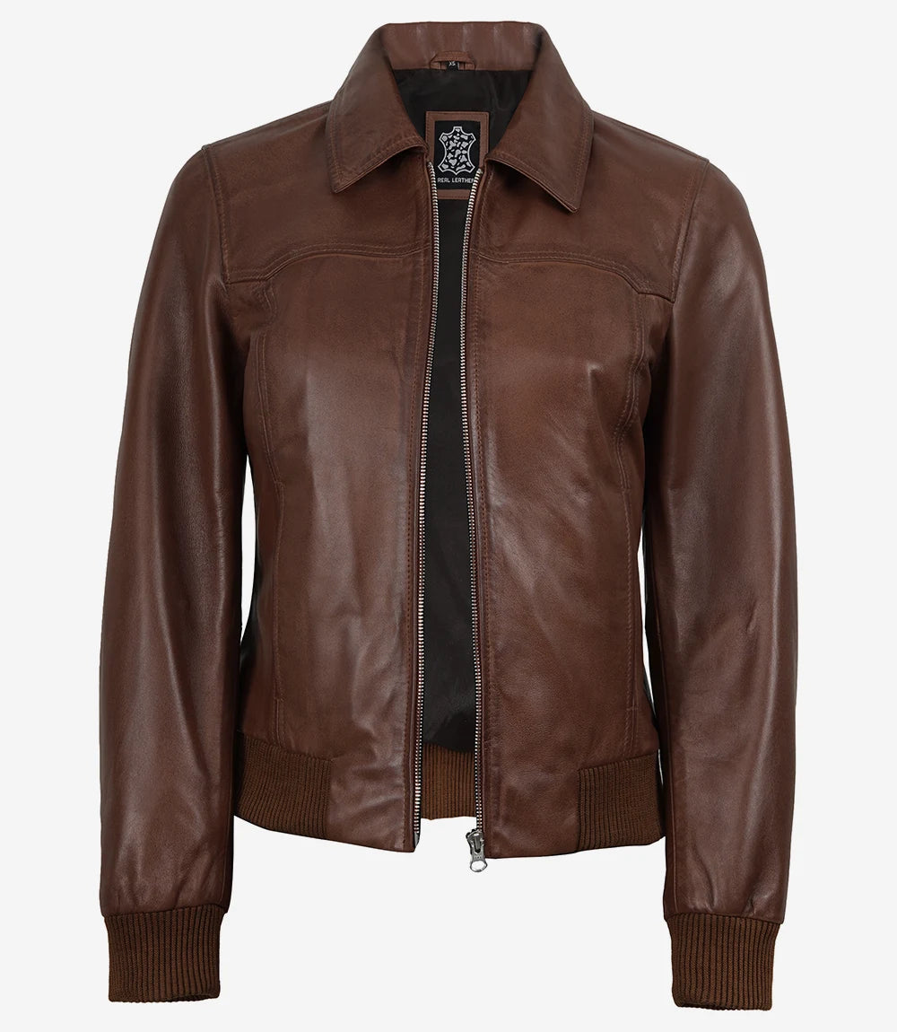 Women's Harrington Cognac Wax Leather Bomber Jacket