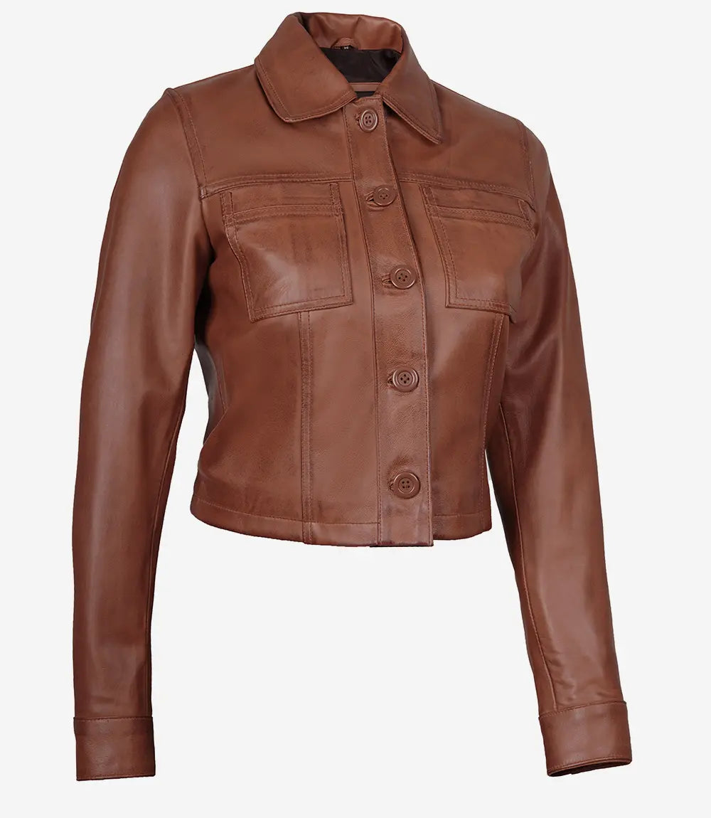 Women's Cognac Brown Cropped Leather Jacket — Shirt Collar, Buttoned Front