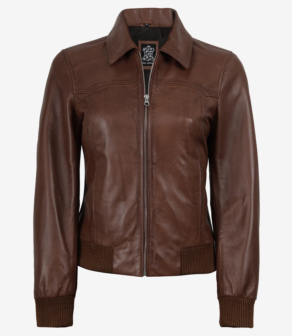 Women's Harrington Cognac Wax Leather Bomber Jacket