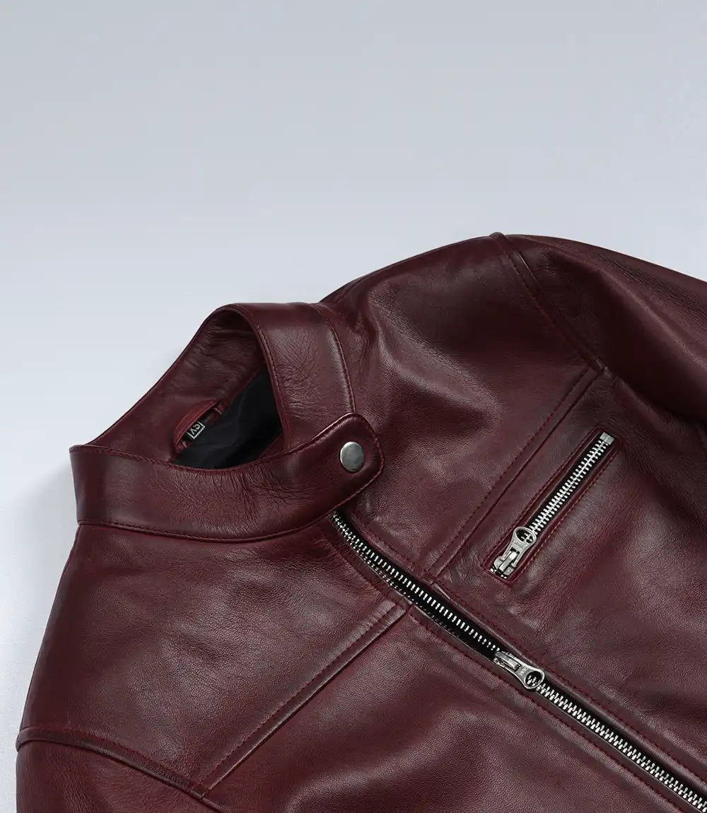 Women's Burgundy Wax Lambskin Leather Biker Jacket