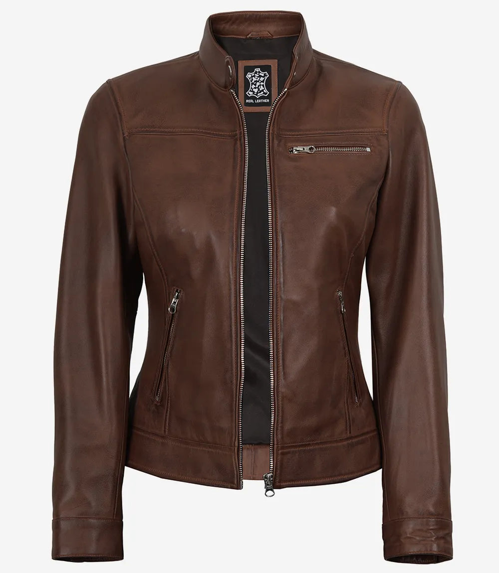 Women's Cognac Wax Real Leather Biker Jacket