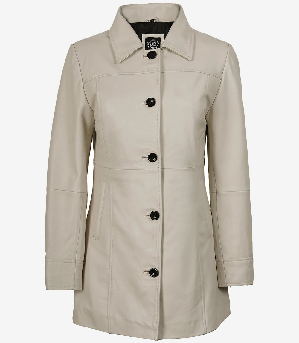 Women's Off White Real Leather Car Coat