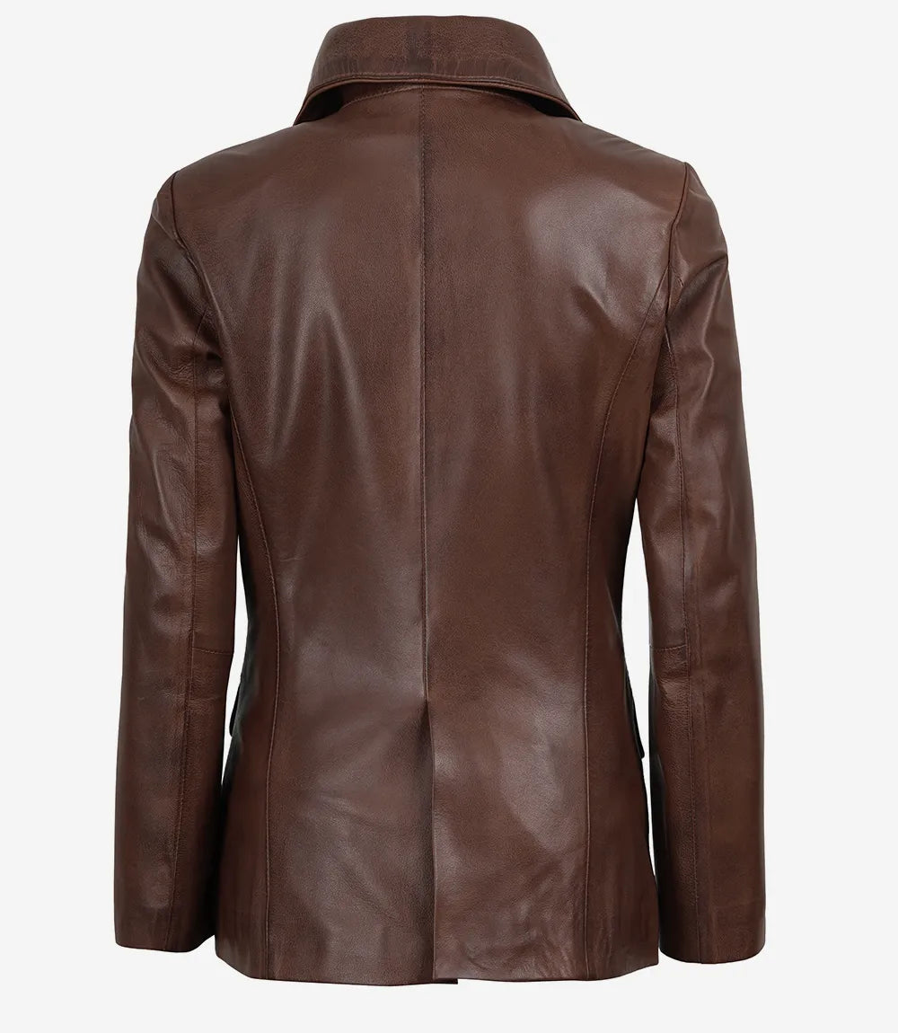 Women's Two Button Cognac Wax Real Leather Blazer