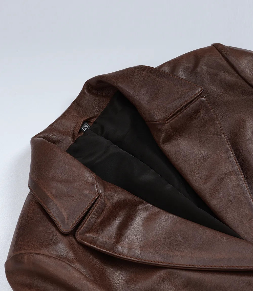 Women's Two Button Cognac Wax Real Leather Blazer
