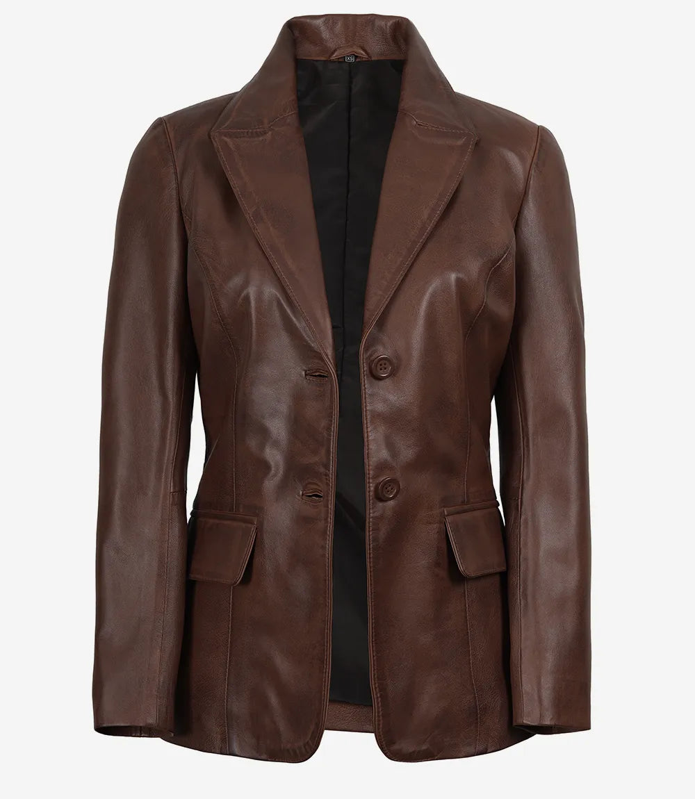 Women's Two Button Cognac Wax Real Leather Blazer