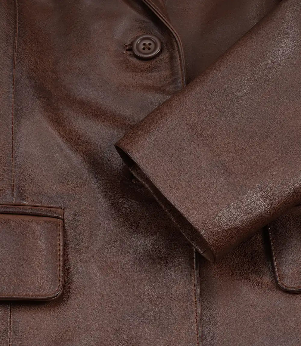 Women's Two Button Cognac Wax Real Leather Blazer