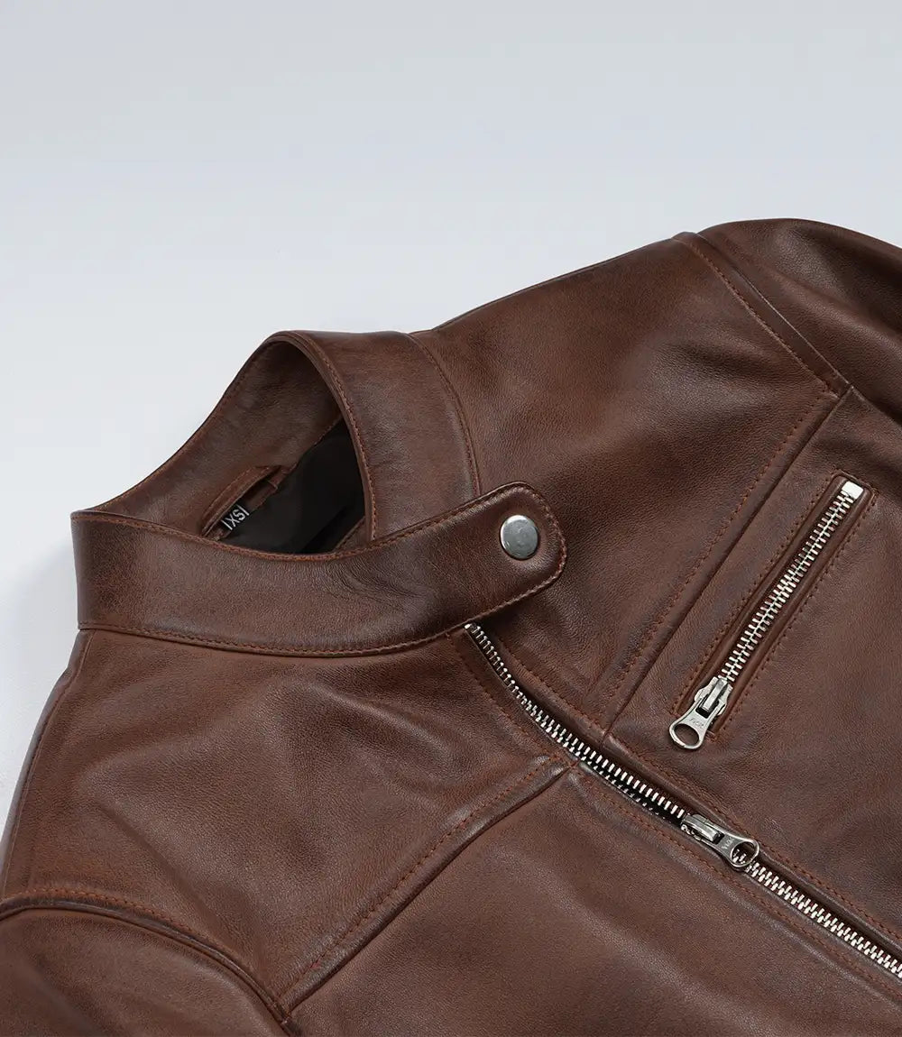 Women's Cognac Wax Real Leather Biker Jacket
