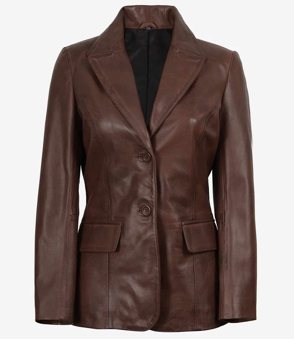 Women's Two Button Cognac Wax Real Leather Blazer