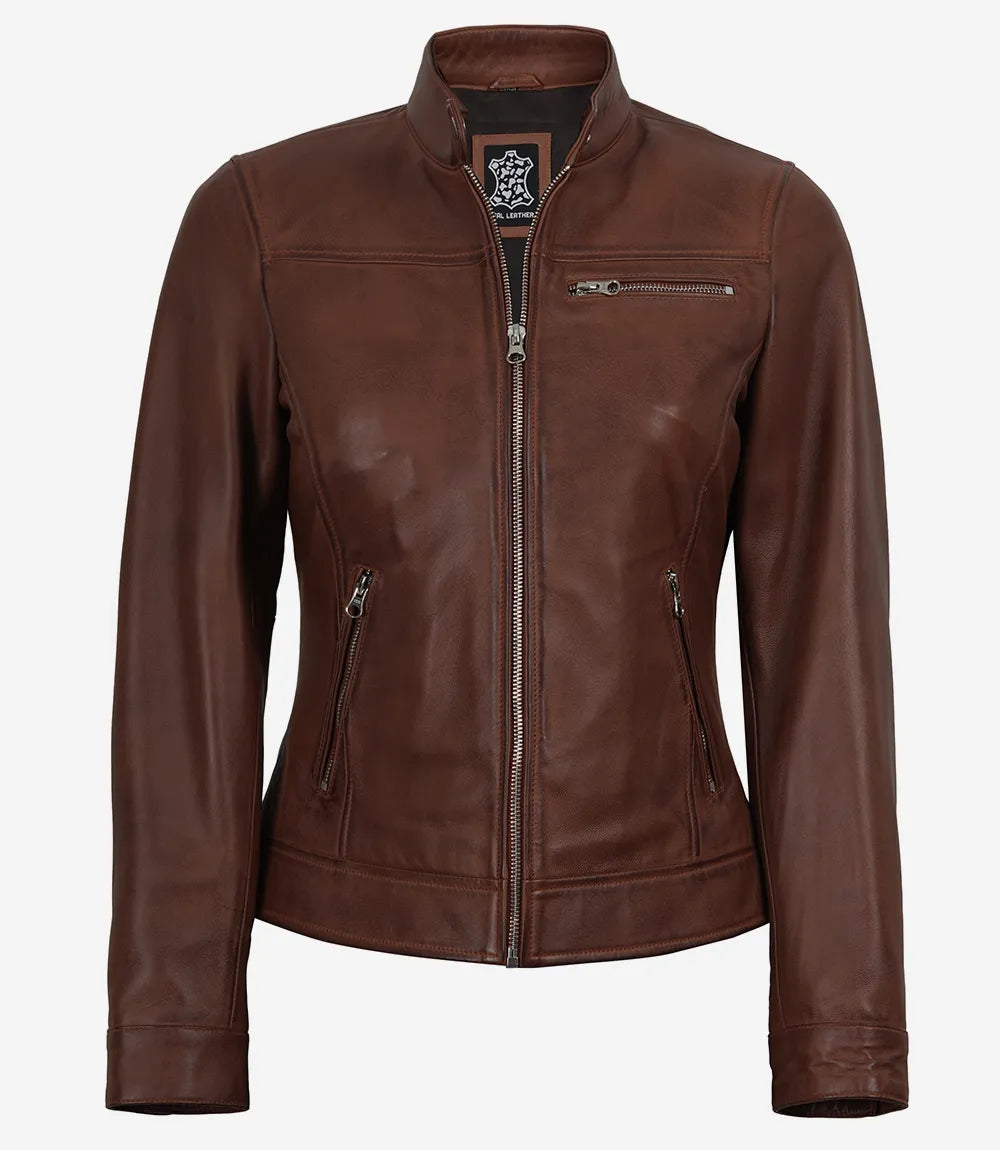 Women's Cognac Wax Real Leather Biker Jacket