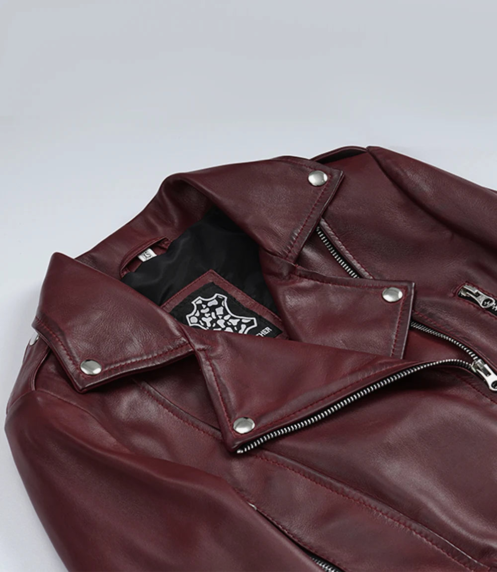 Women's Cropped Burgundy Wax Leather Biker Jacket