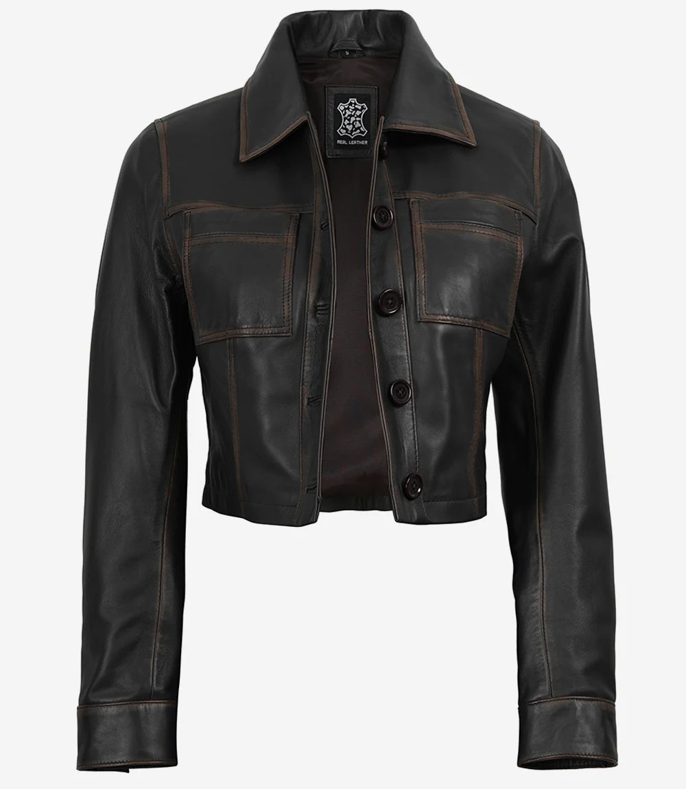 Women's Vintage Dark Brown Cropped Leather Harrington Jacket