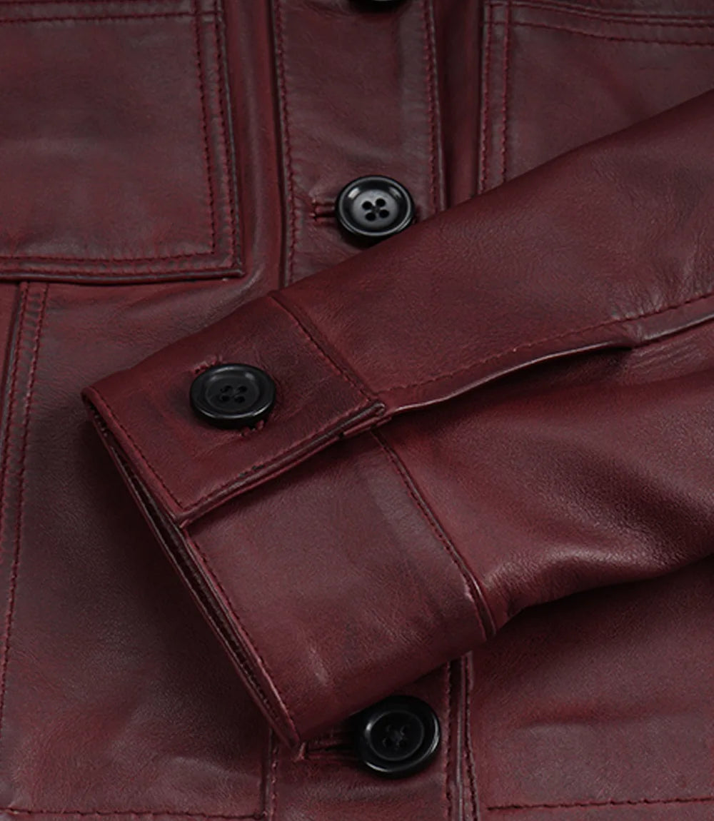 Women's Burgundy Wax Cropped Leather Harrington Jacket